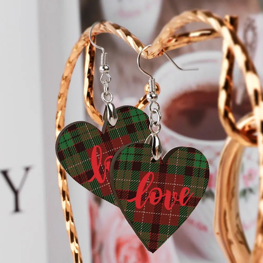 Tartan Wooden Heart Love Earring - Piryoung Shop