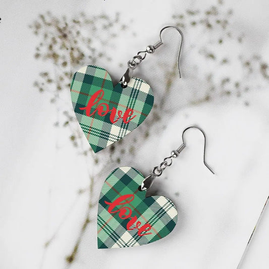 Tartan Wooden Heart Love Earring - Piryoung Shop