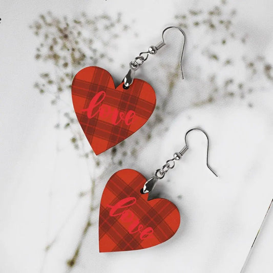Tartan Wooden Heart Love Earring - Piryoung Shop