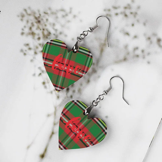 Tartan Wooden Heart Love Earring - Piryoung Shop