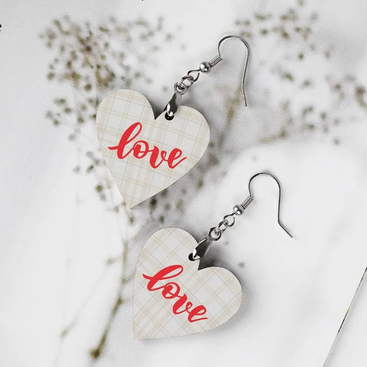 Tartan Wooden Heart Love Earring - Piryoung Shop