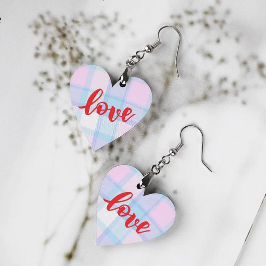 Tartan Wooden Heart Love Earring - Piryoung Shop