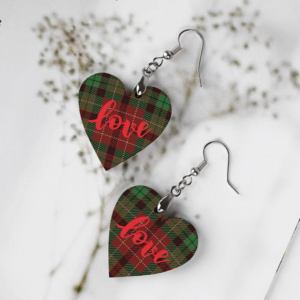 Tartan Wooden Heart Love Earring - Piryoung Shop