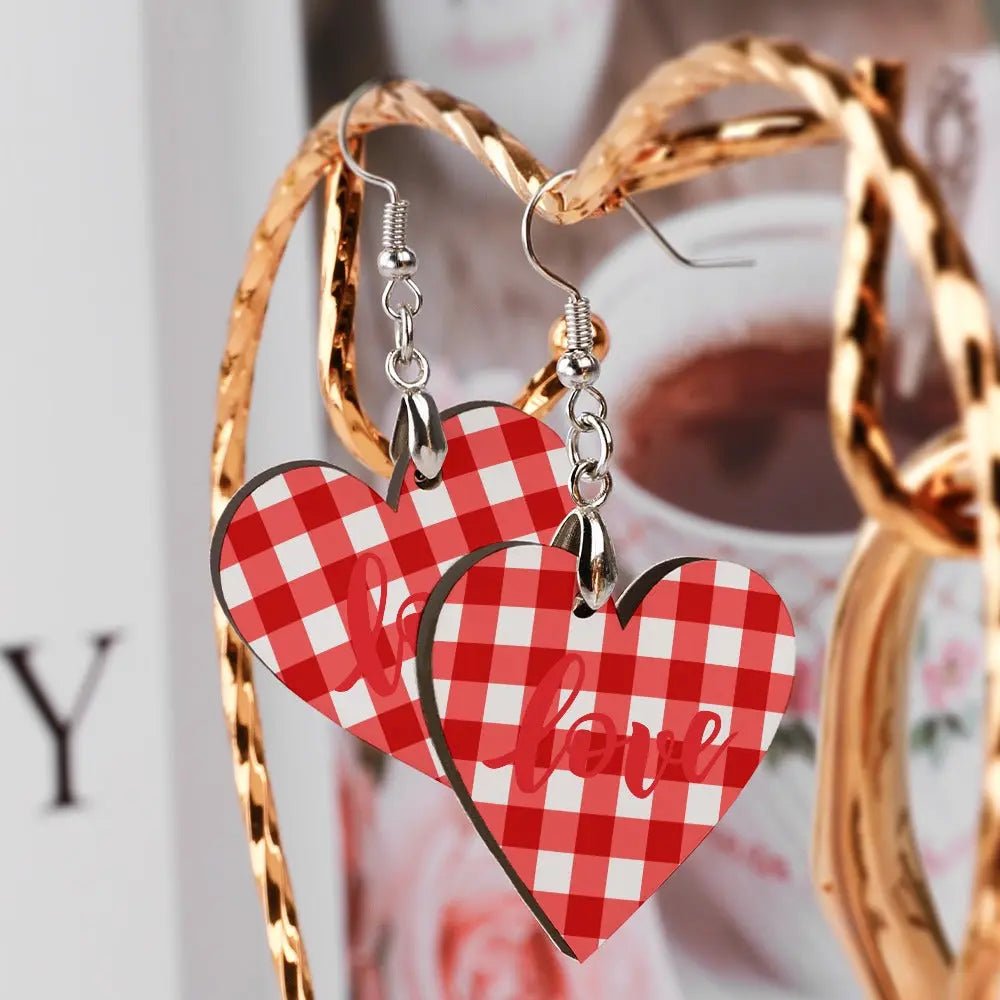 Tartan Wooden Heart Love Earring - Piryoung Shop