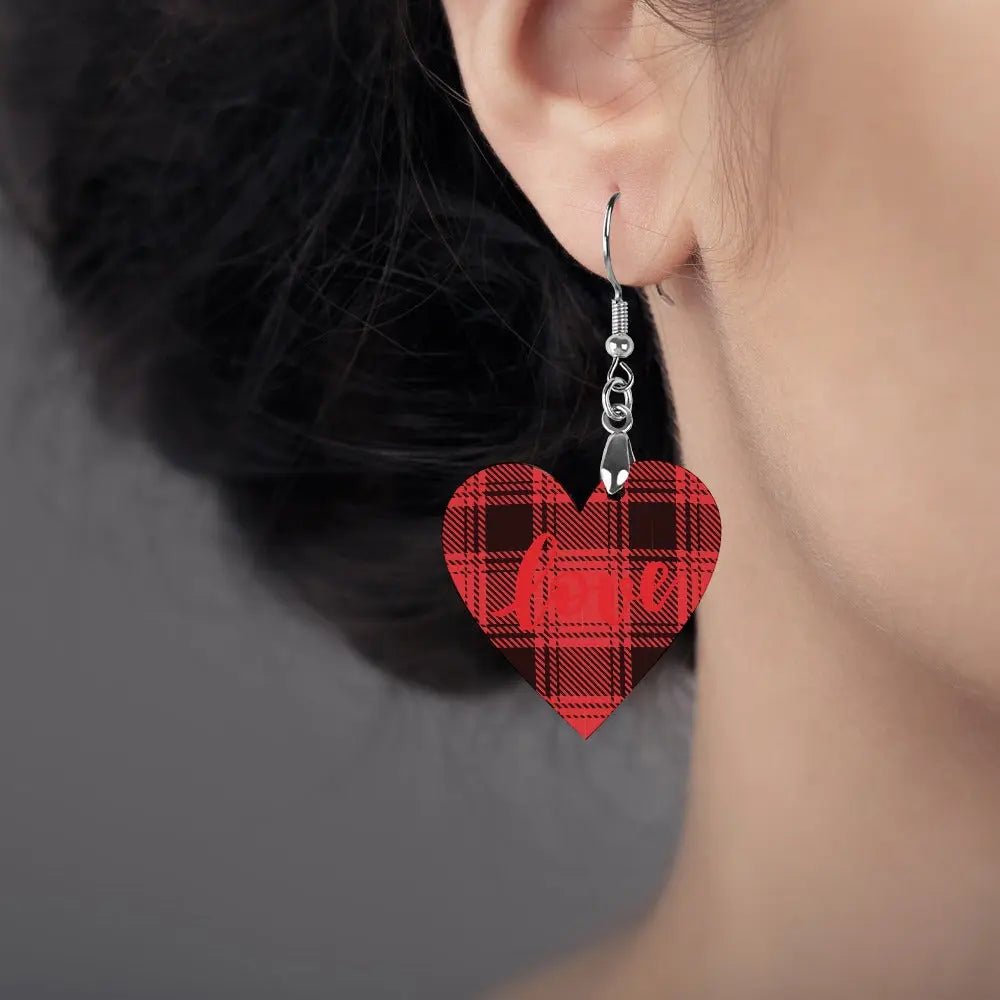 Tartan Wooden Heart Love Earring - Piryoung Shop