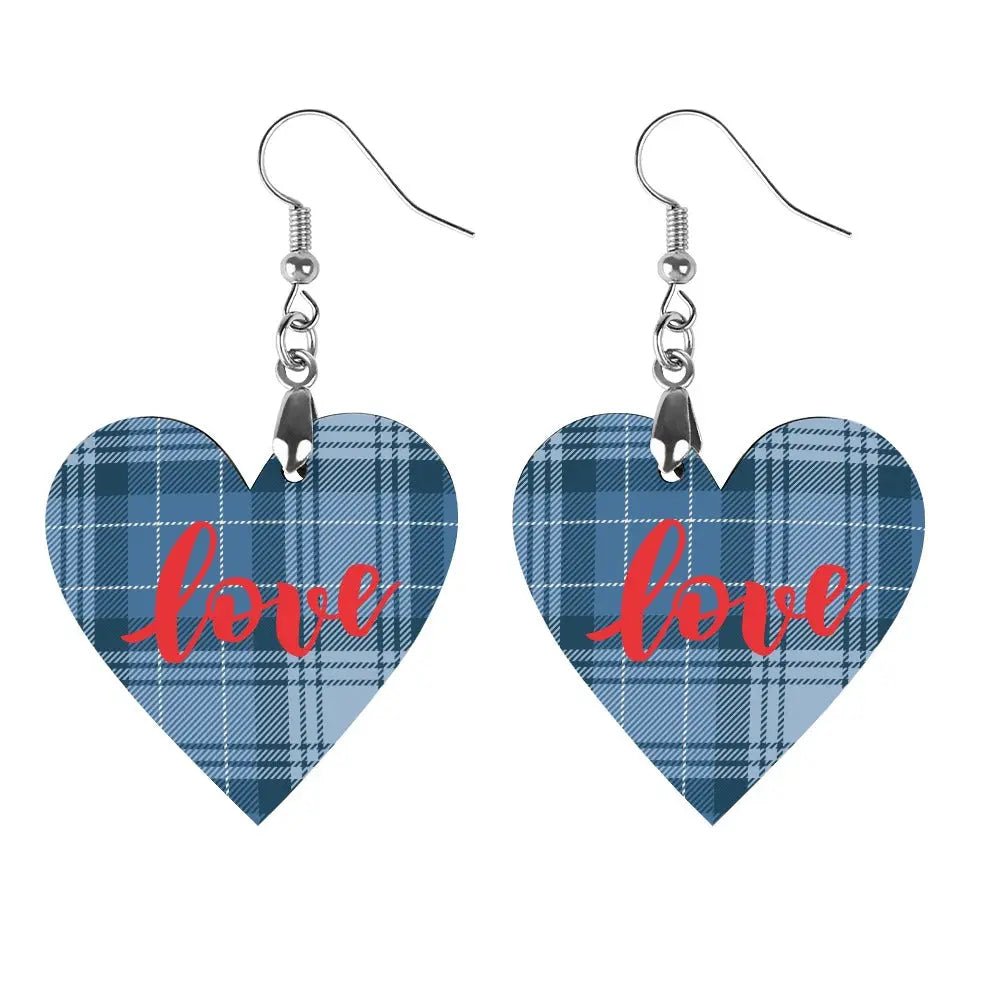 Tartan Wooden Heart Love Earring - Piryoung Shop
