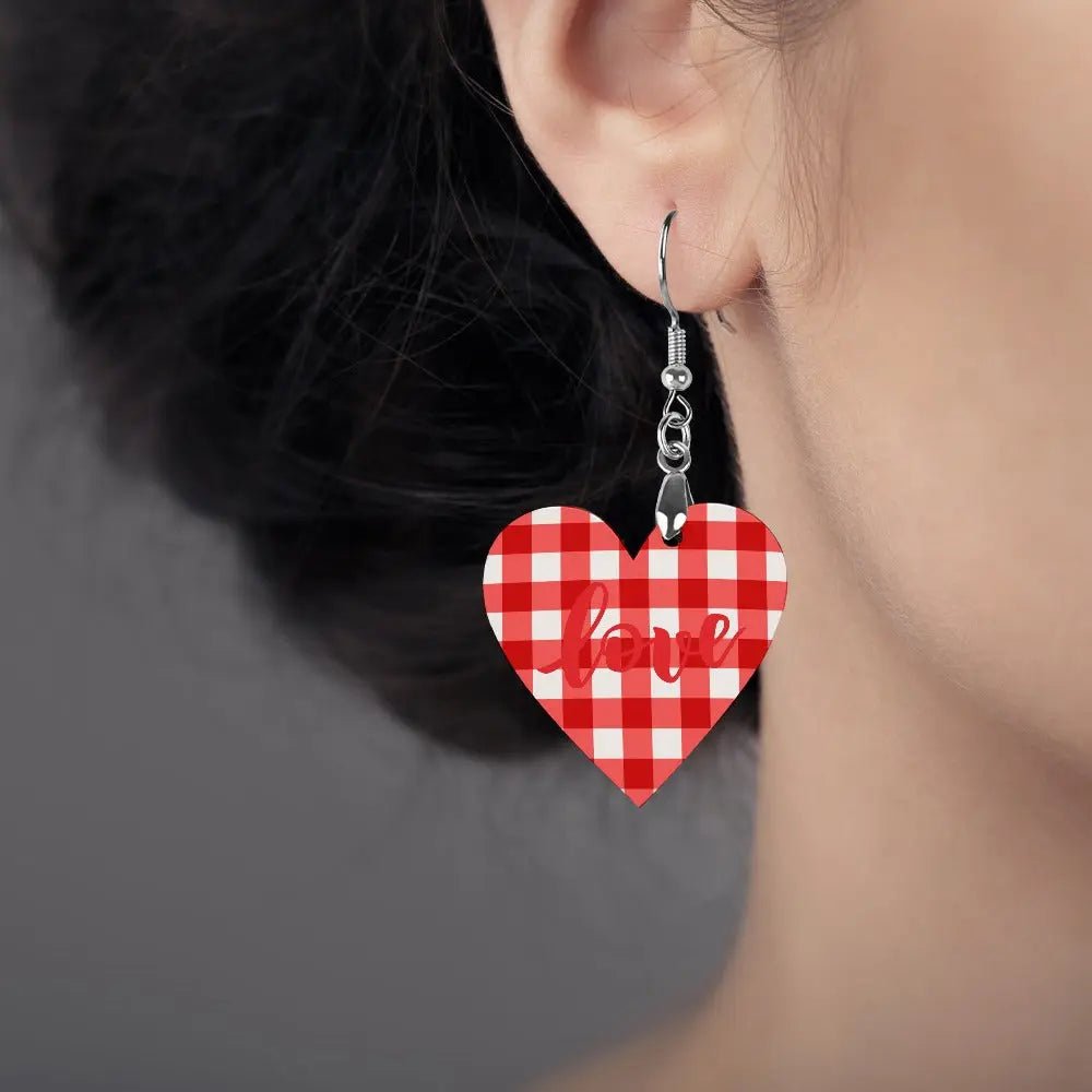 Tartan Wooden Heart Love Earring - Piryoung Shop