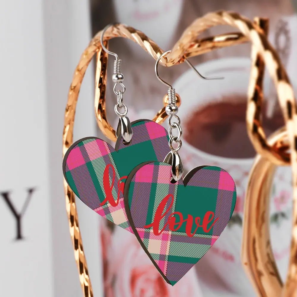 Tartan Wooden Heart Love Earring - Piryoung Shop