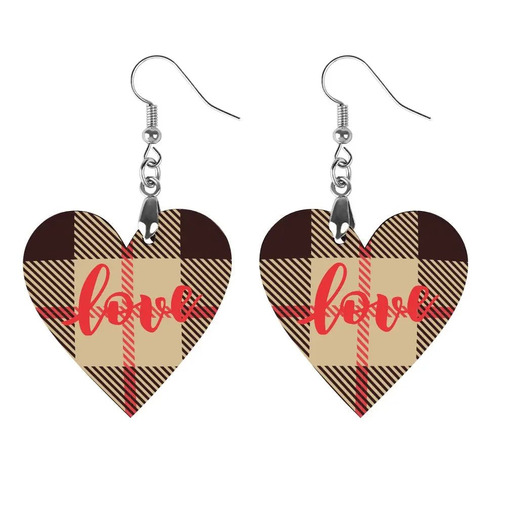 Tartan Wooden Heart Love Earring - Piryoung Shop