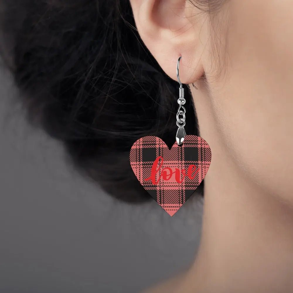 Tartan Wooden Heart Love Earring - Piryoung Shop