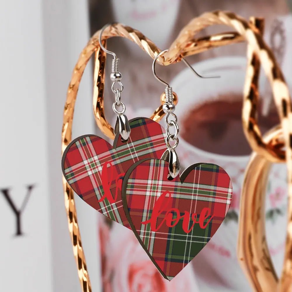 Tartan Wooden Heart Love Earring - Piryoung Shop
