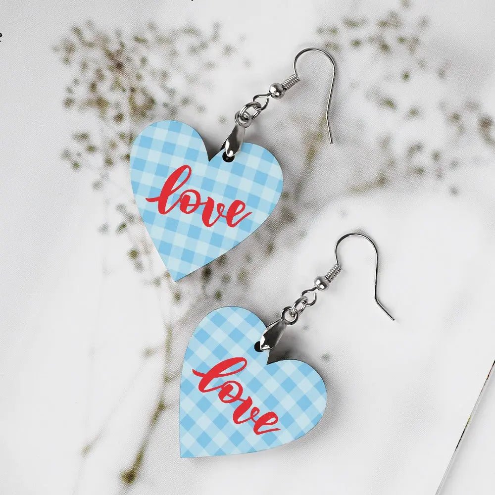 Tartan Wooden Heart Love Earring - Piryoung Shop