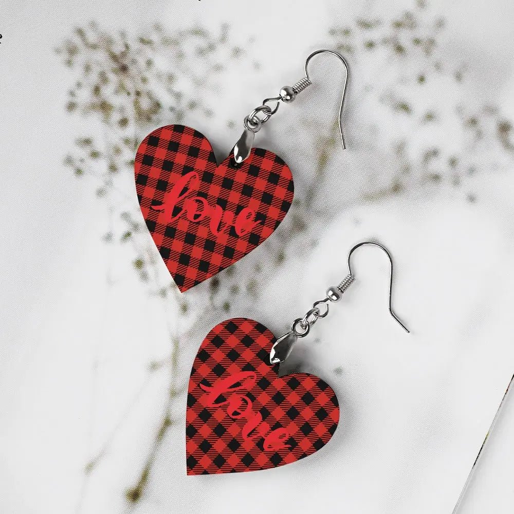 Tartan Wooden Heart Love Earring - Piryoung Shop