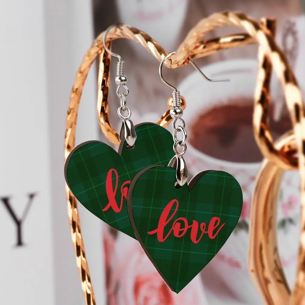 Tartan Wooden Heart Love Earring - Piryoung Shop