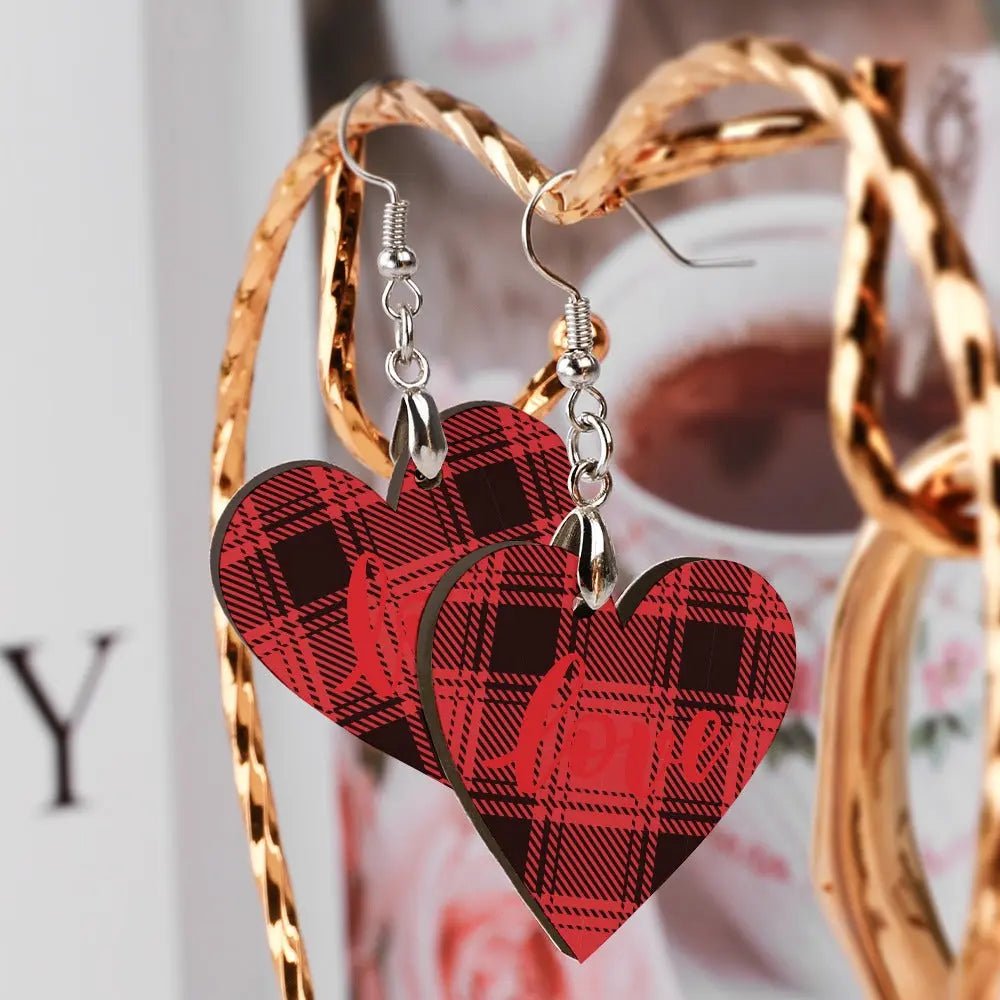 Tartan Wooden Heart Love Earring - Piryoung Shop