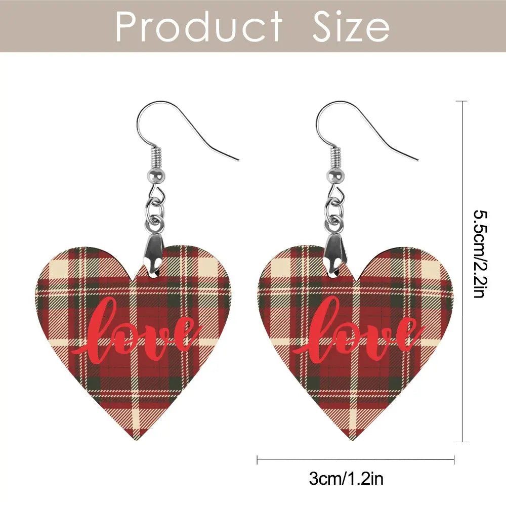 Tartan Wooden Heart Love Earring - Piryoung Shop