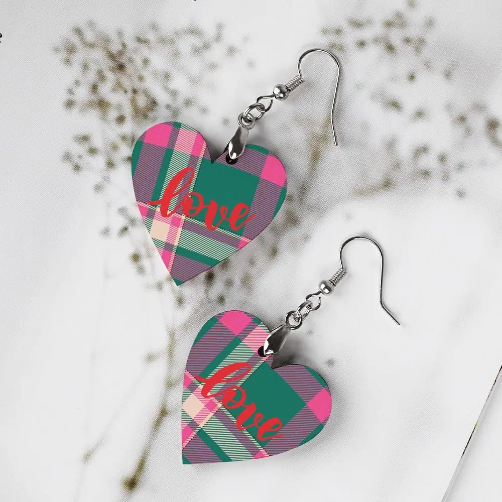 Tartan Wooden Heart Love Earring - Piryoung Shop