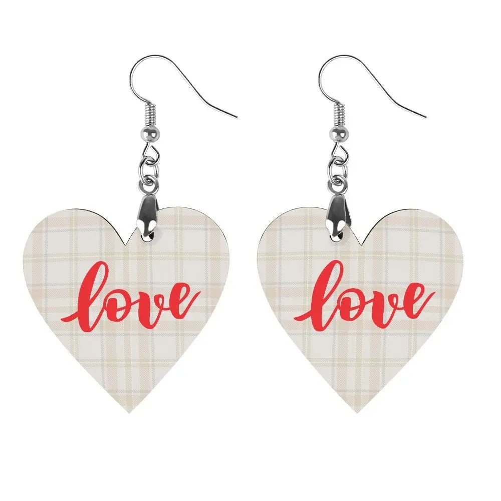 Tartan Wooden Heart Love Earring - Piryoung Shop