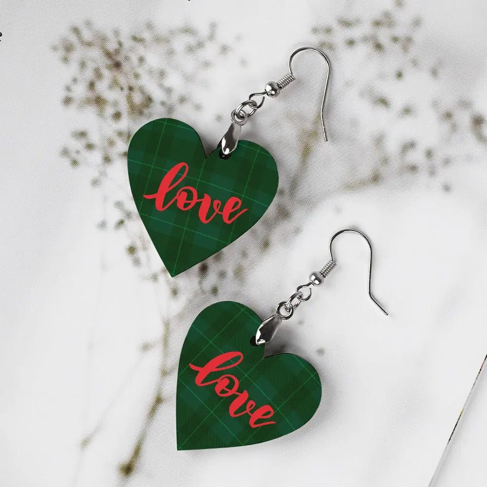 Tartan Wooden Heart Love Earring - Piryoung Shop