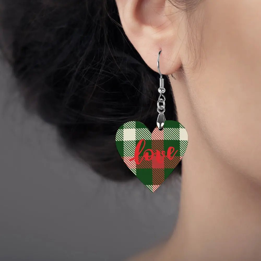 Tartan Wooden Heart Love Earring - Piryoung Shop