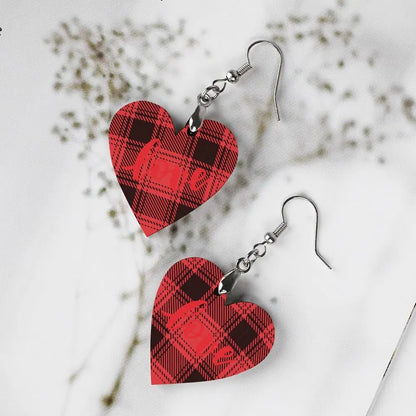 Tartan Wooden Heart Love Earring - Piryoung Shop