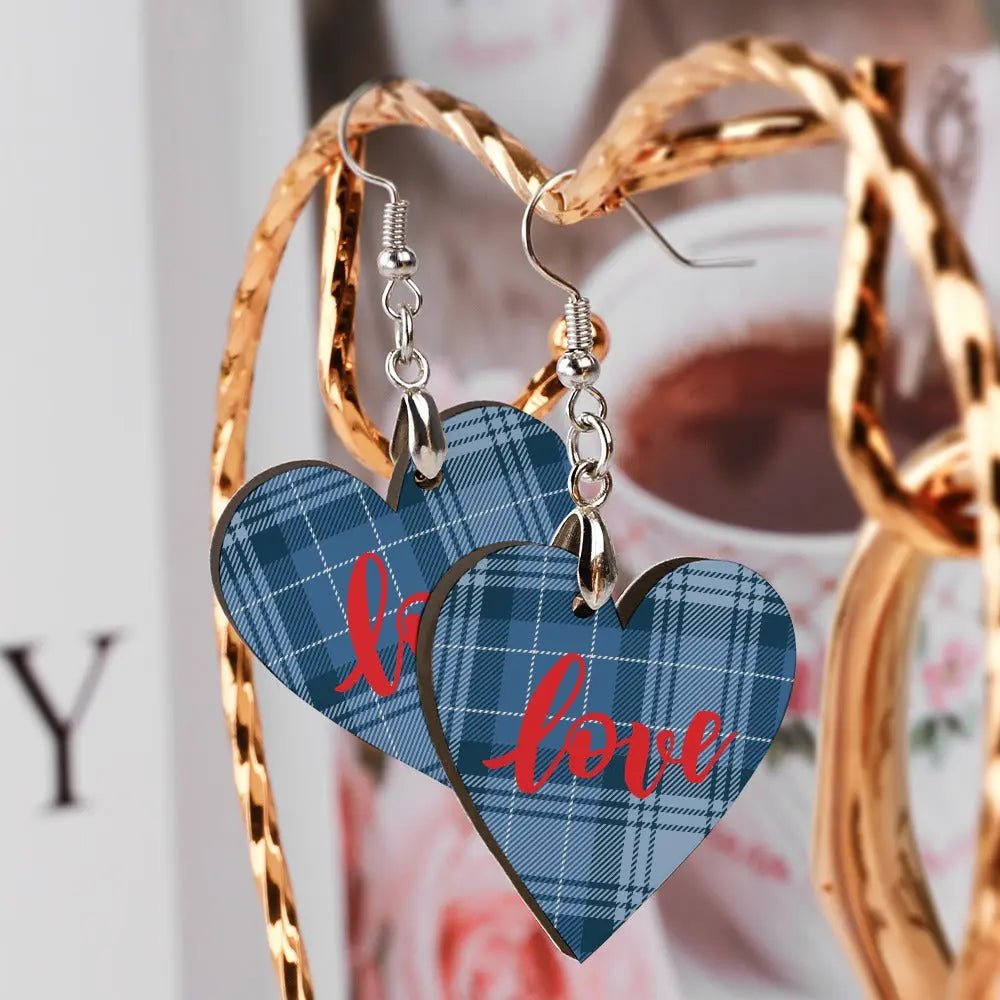 Tartan Wooden Heart Love Earring - Piryoung Shop