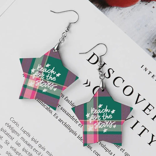 Tartan Wooden Star Earring - Piryoung Shop
