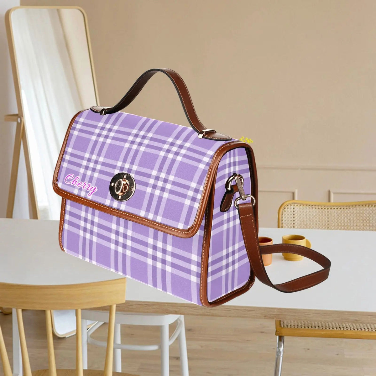 Waterproof personalized bag Canvas Shoulder Strap Bag Light Purple - Piryoung Shop