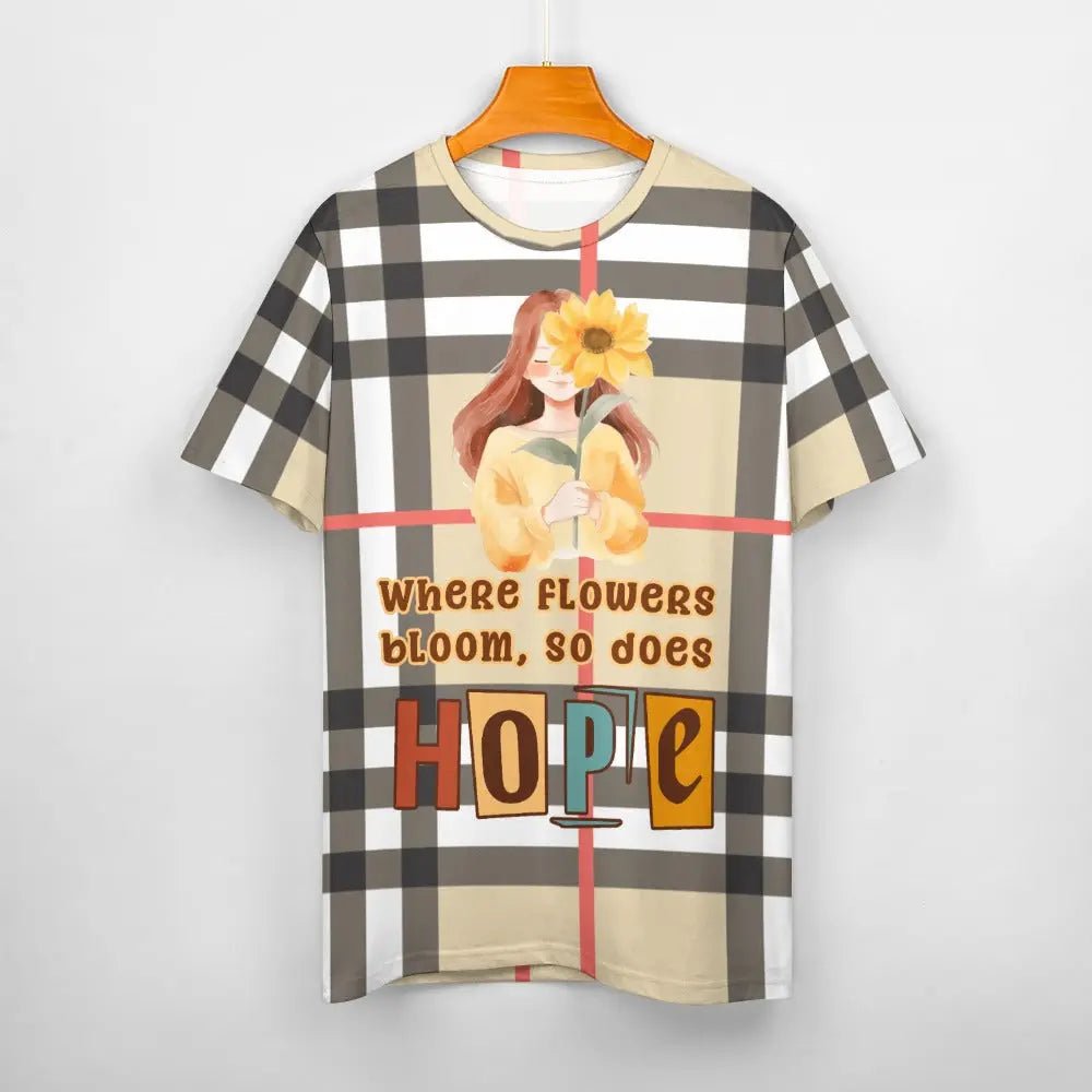 Women's Cotton Tartan Hope T-Shirt - Sunflower Girl Design - Piryoung Shop